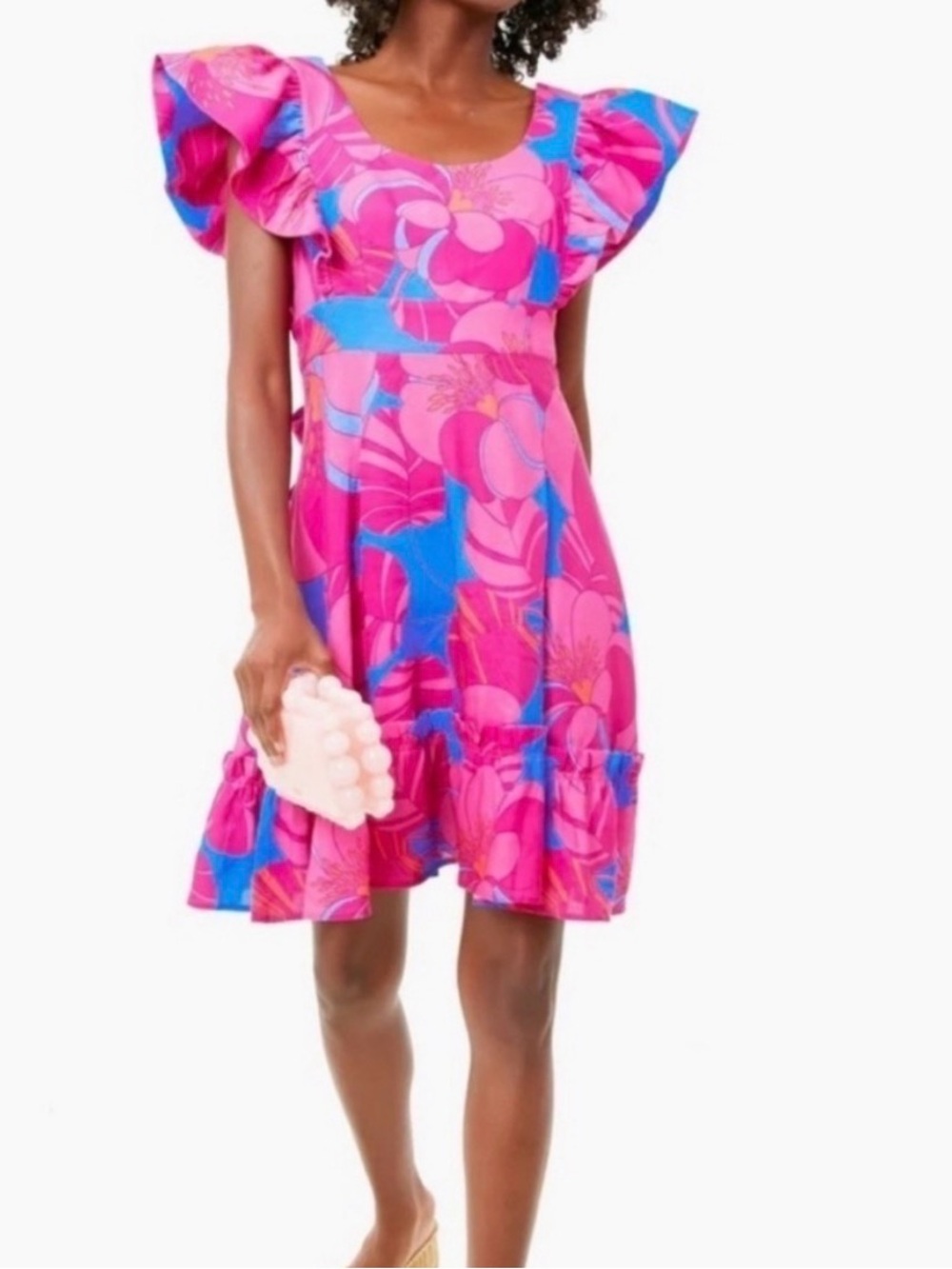 Tuckernuck Pink and Blue Floral Dress with Ruffle Detail